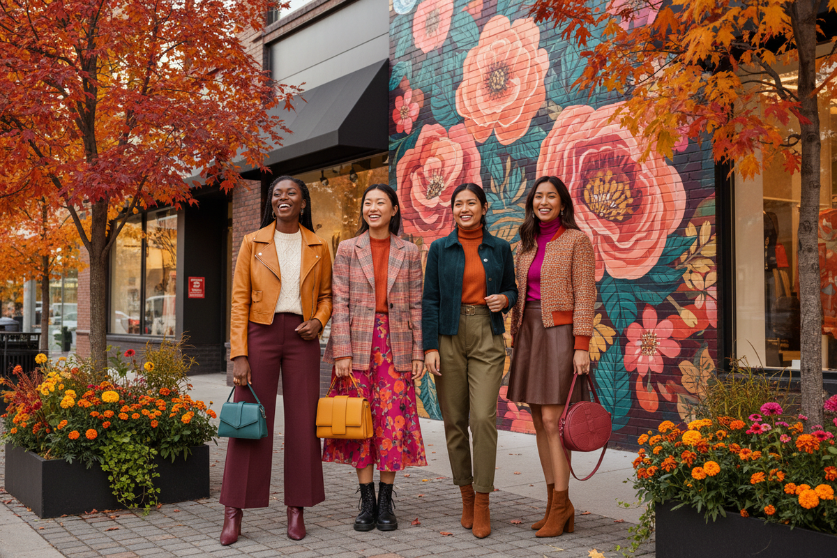 Young adult women in colorful fall fashion