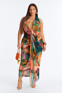 Multi Color Draped Mesh Maxi Dress
