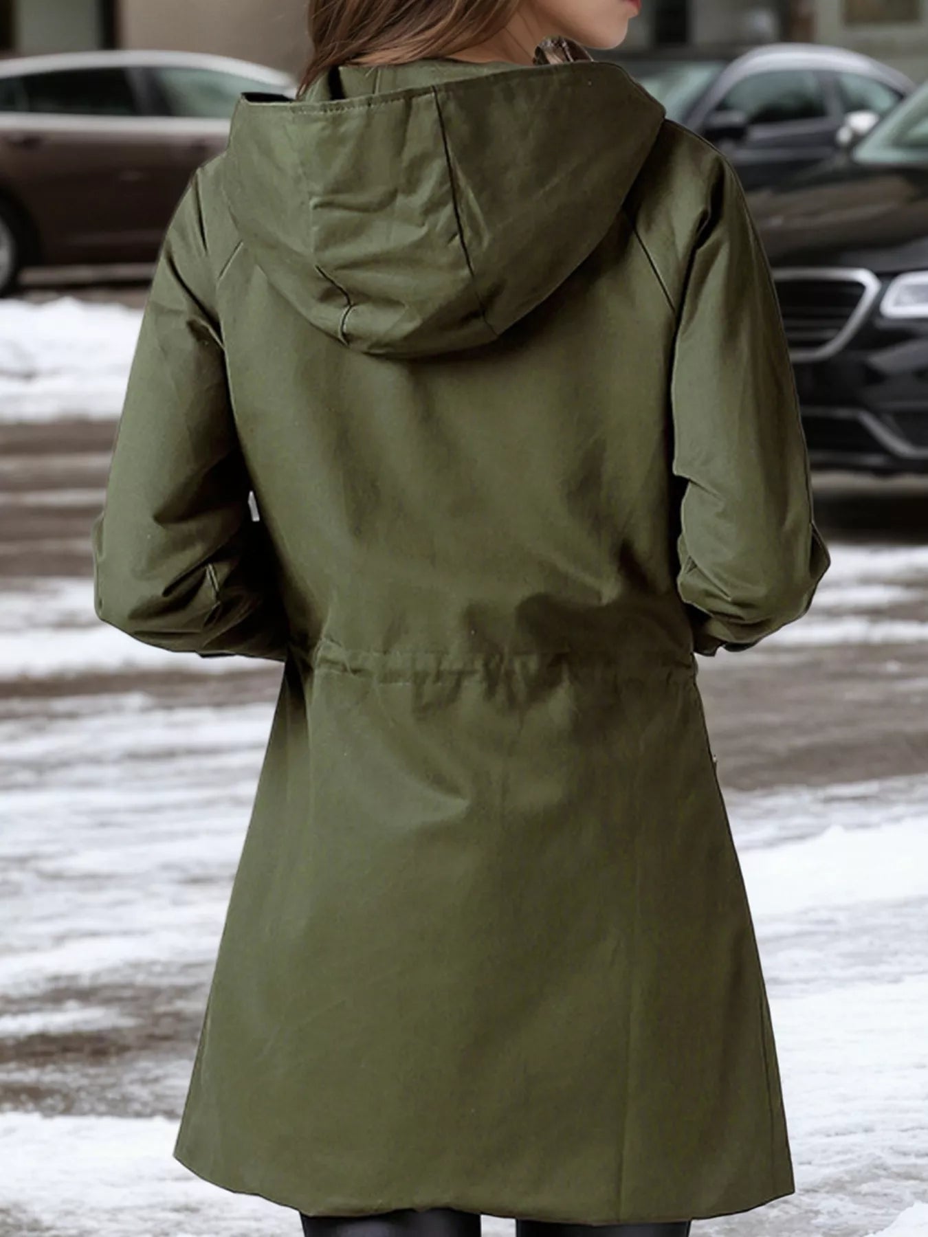 Plus Size Hooded Drawstring Waist Trench Coat