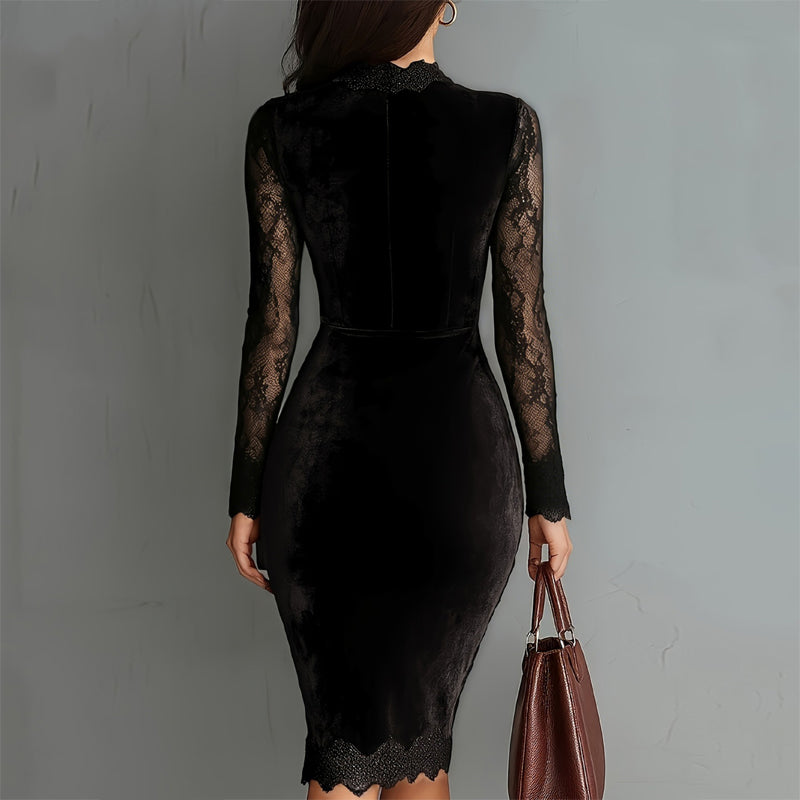 Long Sleeve Solid Color Lace Trim Bodycon Midi Dress,
