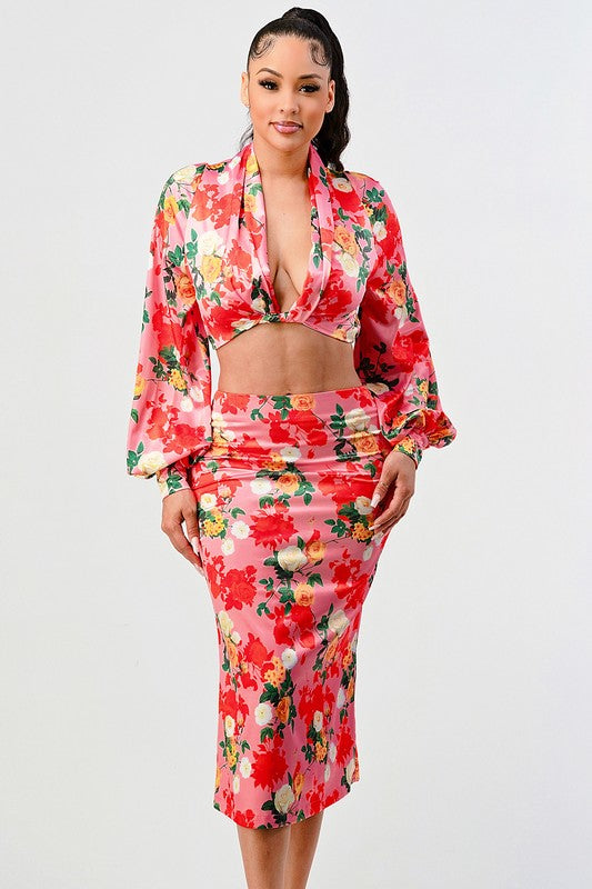 Rose Garden Long Sleeve Crop Top & Skirt Set