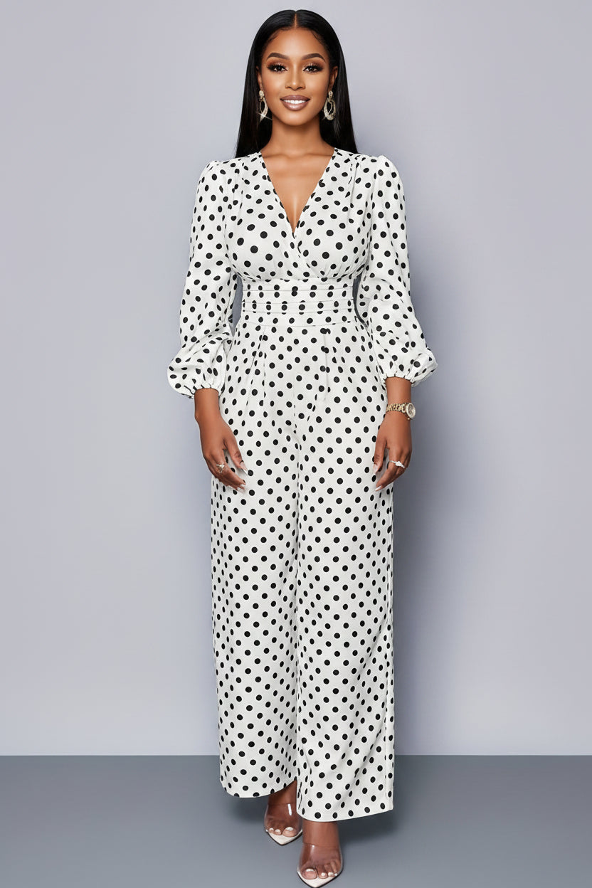 Polka Dot Long Sleeve Wide Leg Jumpsuit