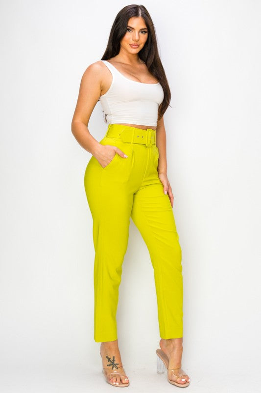 Slim Fit Cigarette Pants with Belt – Ankle Length