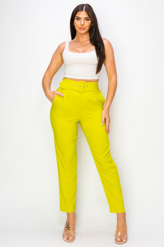 Slim Fit Cigarette Pants with Belt – Ankle Length
