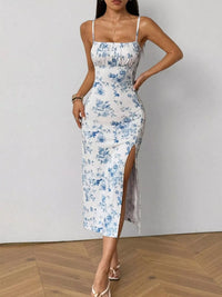 Floral Print Ruched Slit Cami Dress