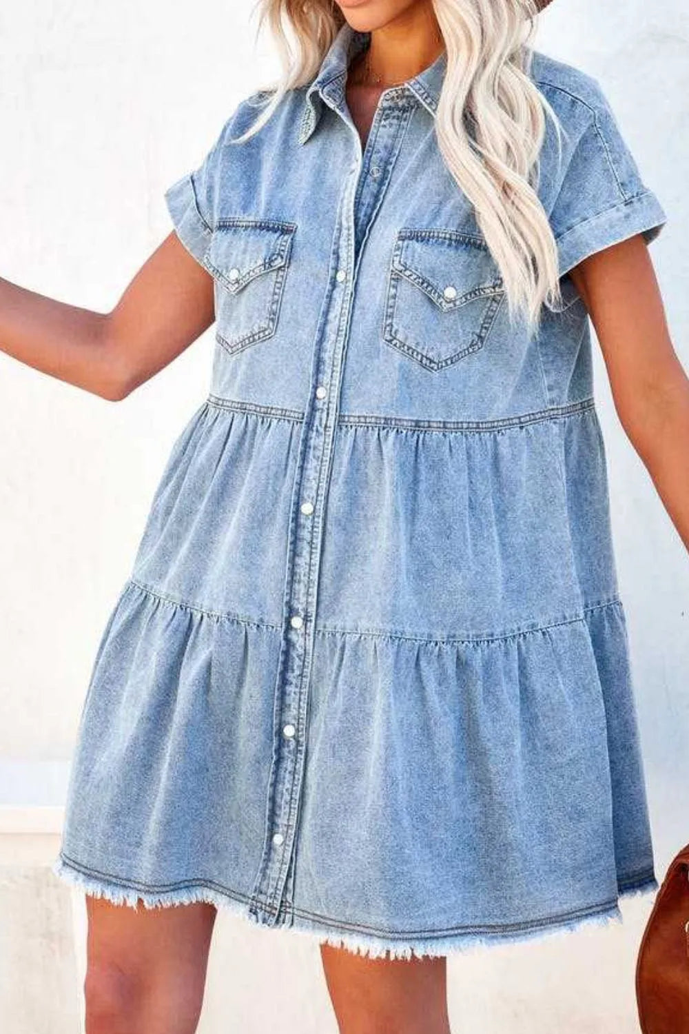 SS Raw Hem Button Down Denim Mini Dress