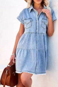 SS Raw Hem Button Down Denim Mini Dress