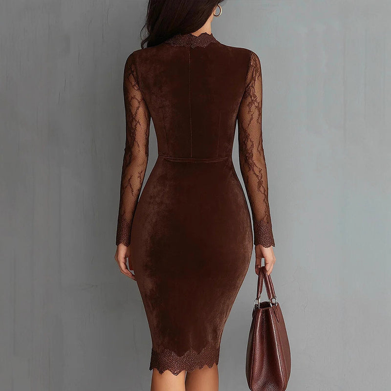Long Sleeve Solid Color Lace Trim Bodycon Midi Dress,