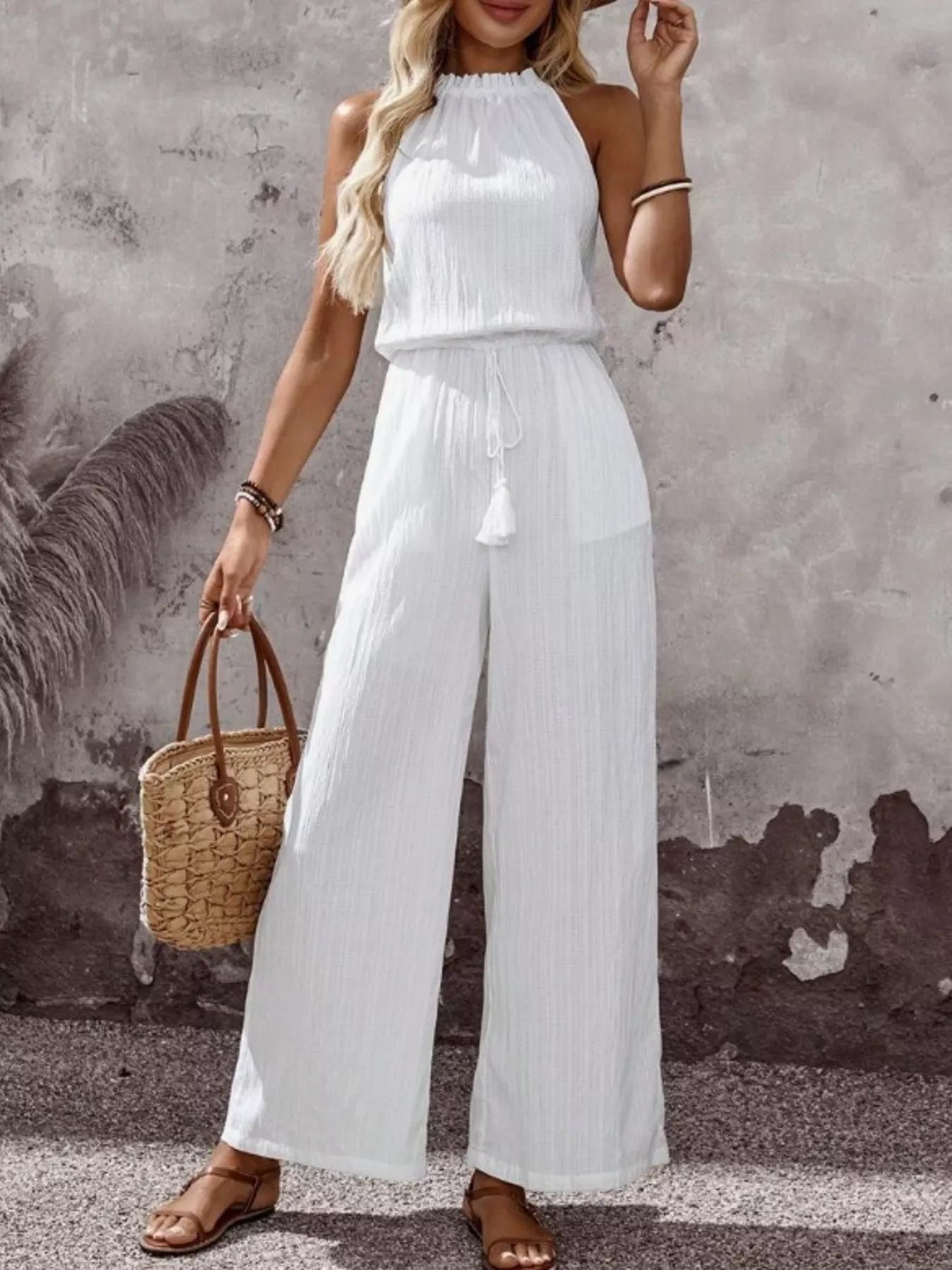 Full Size Tassel Sleeveless Wide Leg Jumpsuit Plus Size