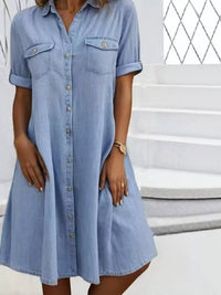 Full Size Button-Front Short Sleeve Denim Dress