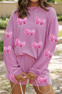 Corded Rib Sequin Bow Patched Long Sleeve Top and Shorts 2pcs Set