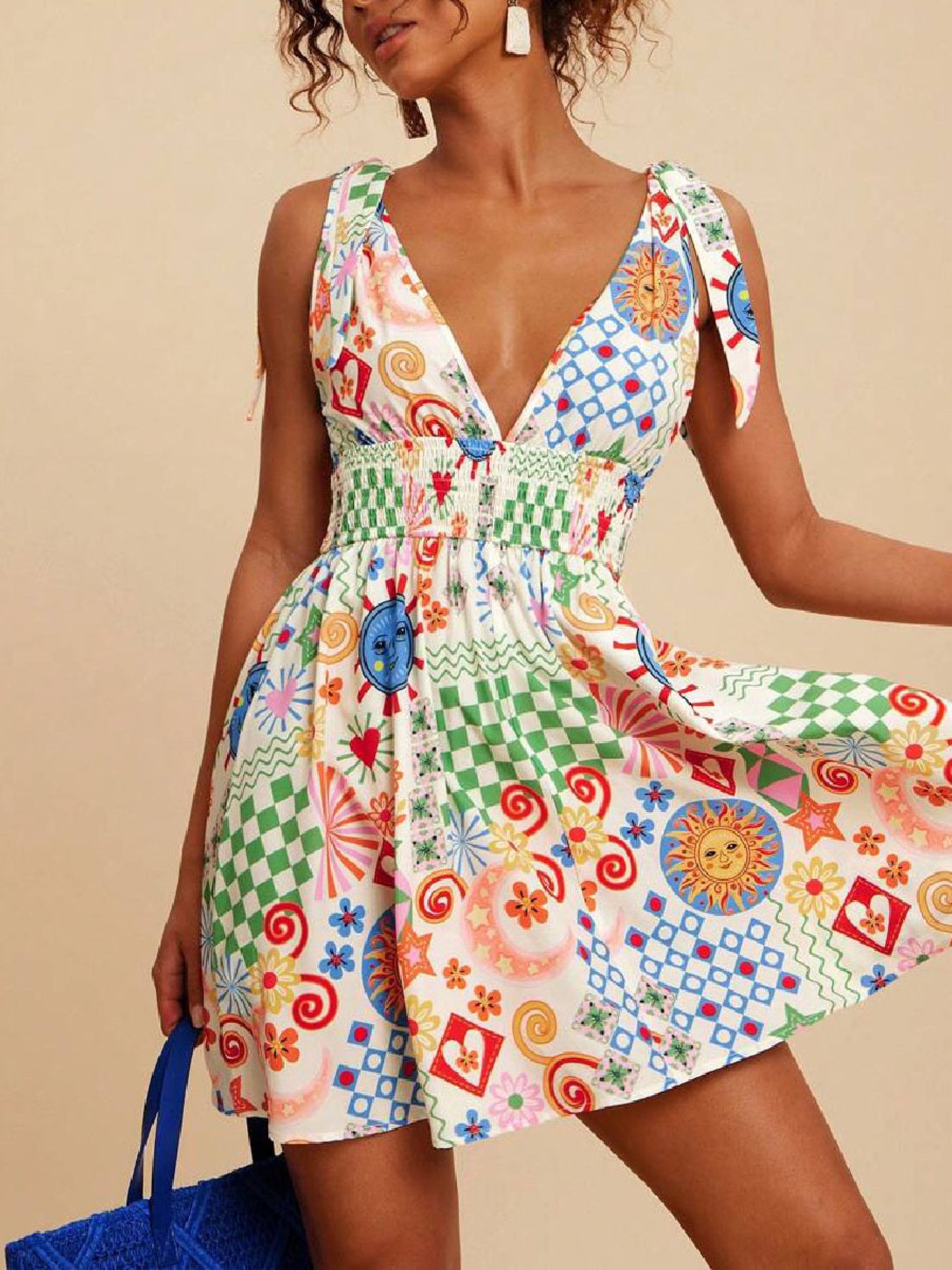 V-Neck Sleeveless Printed Mini Dress
