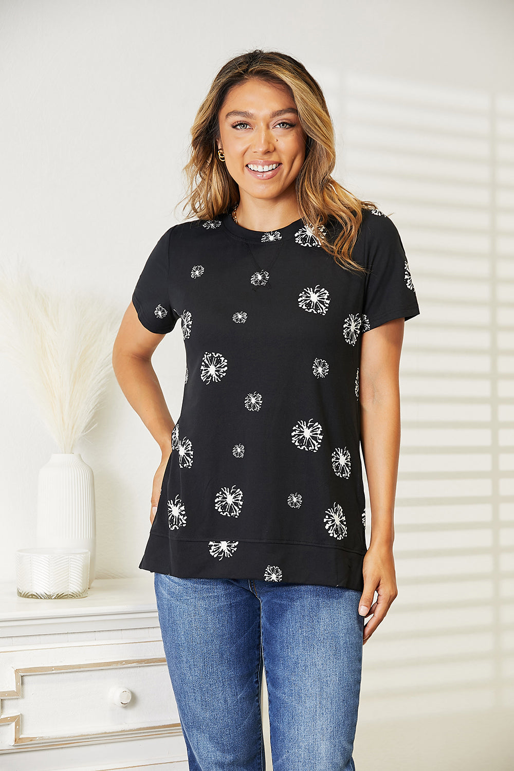 Full Size Double Take Dandelion Print Round Neck T-Shirt