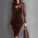 Long Sleeve Solid Color Lace Trim Bodycon Midi Dress,