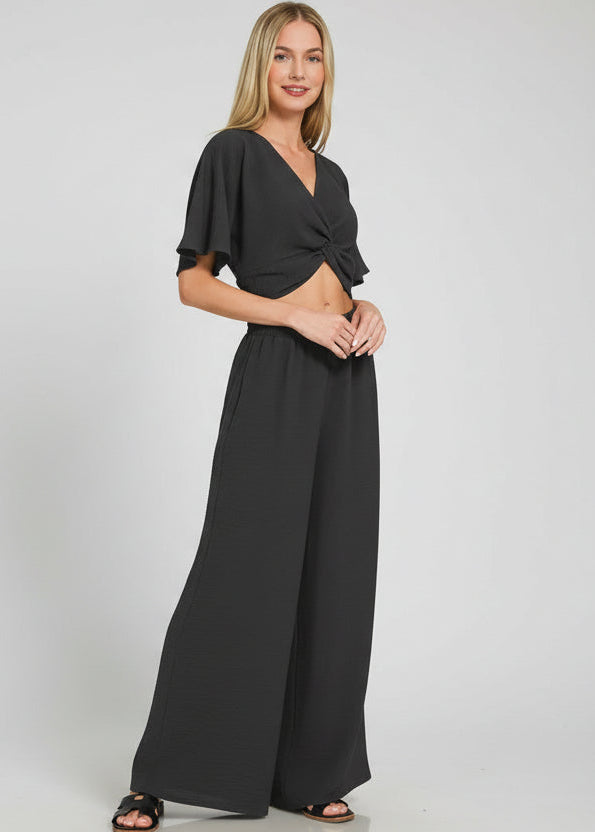Zenana Woven Airflow Twisted Top & Wide Leg Pants Set