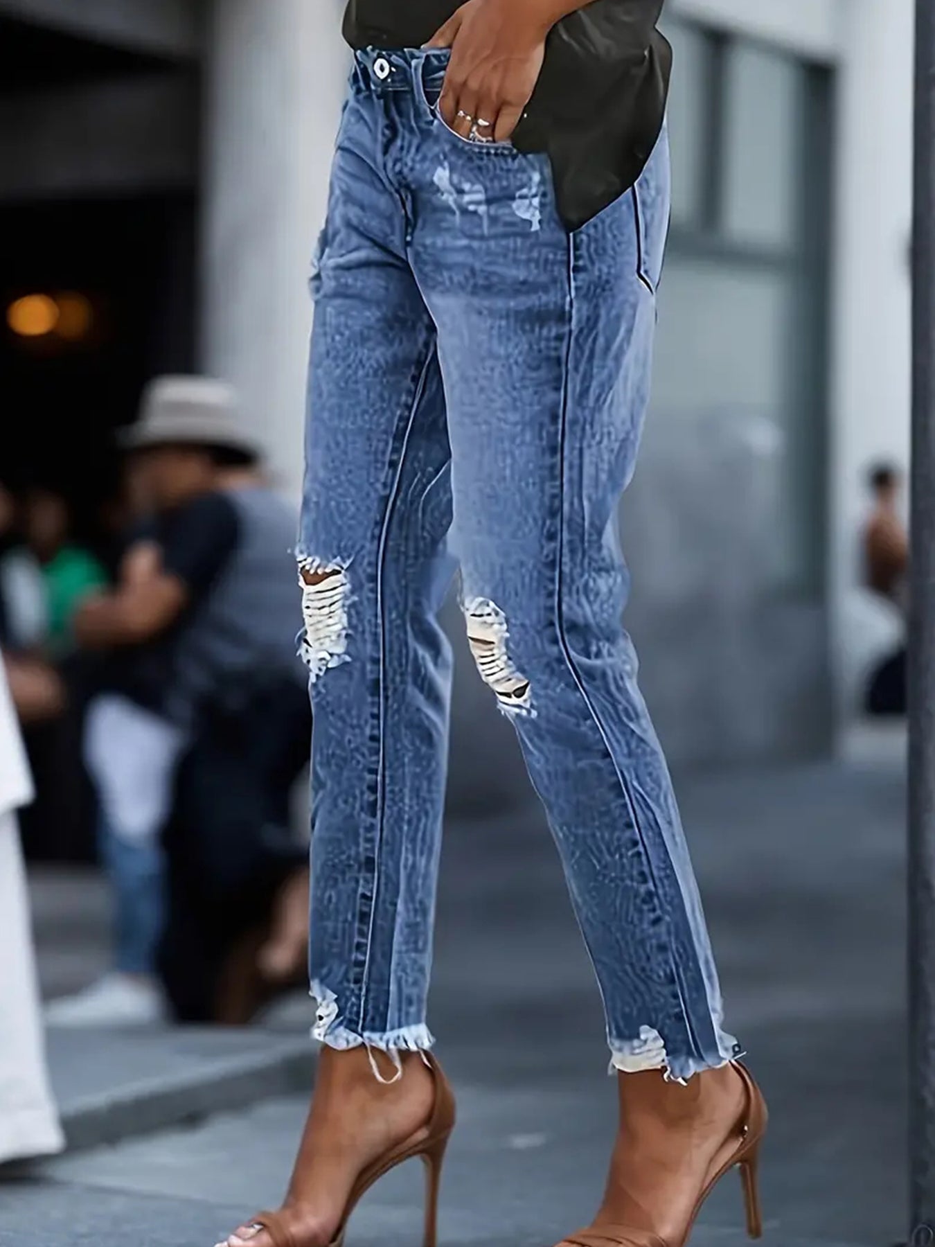 Stretchy Jeans - Ripped,  Denim Pants With Five-Pocket, Faded Wash, Relaxed Fit