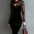 Long Sleeve Solid Color Lace Trim Bodycon Midi Dress,