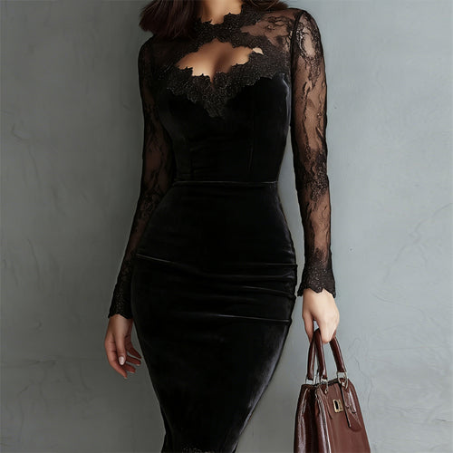 Long Sleeve Solid Color Lace Trim Bodycon Midi Dress,