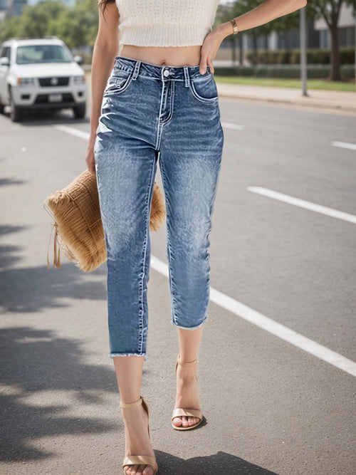 Jeans With Fringe Hem, Built-in Zipper Closure, Straight Cut, Cropped