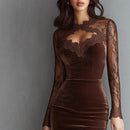 Long Sleeve Solid Color Lace Trim Bodycon Midi Dress,