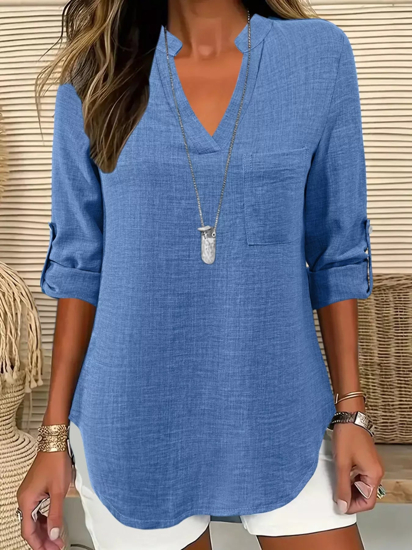 Casual Notched Roll-Up Sleeve Blouse