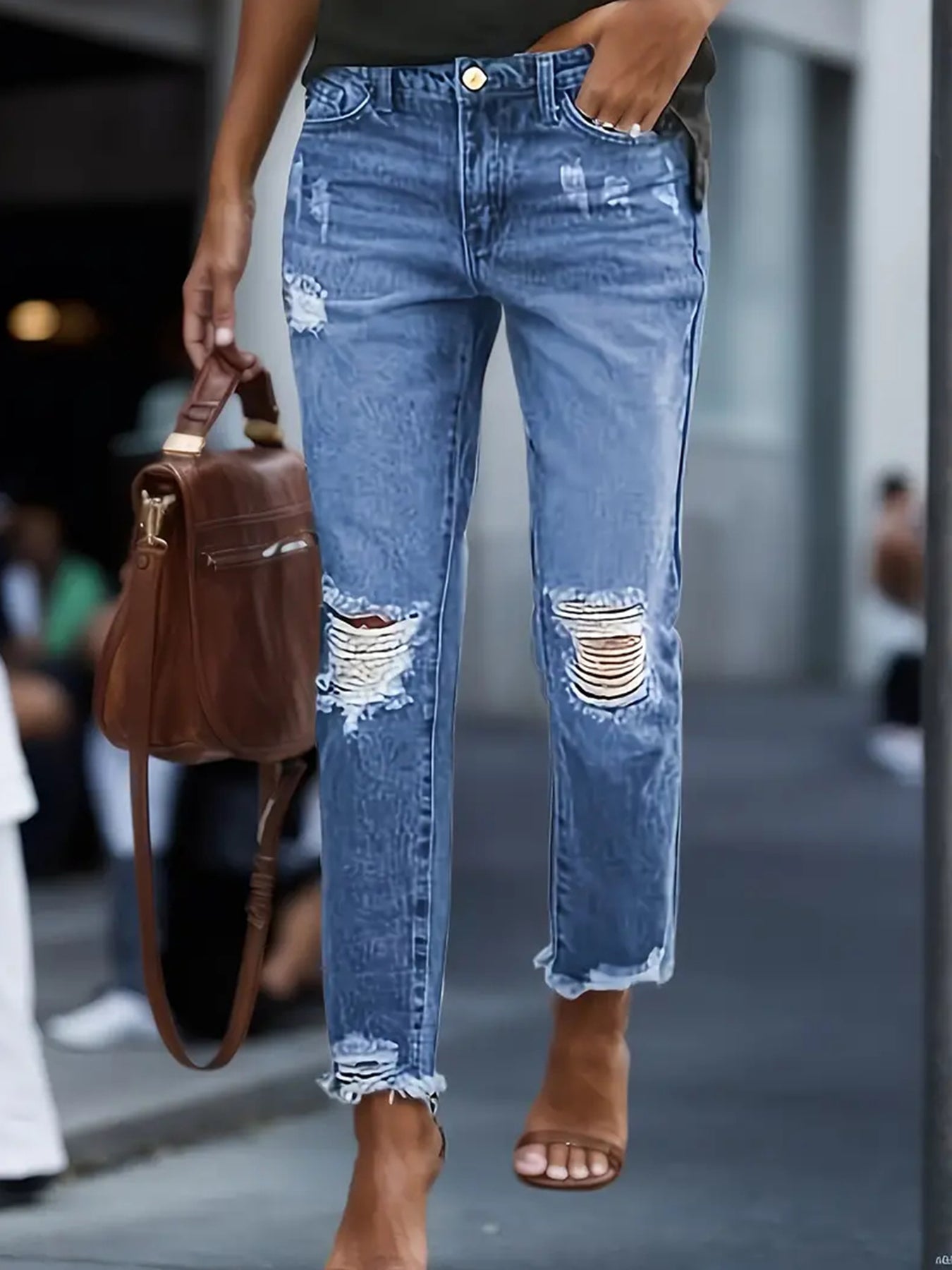 Stretchy Jeans - Ripped,  Denim Pants With Five-Pocket, Faded Wash, Relaxed Fit
