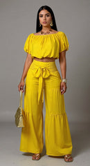 Elegant Off-Shoulder Crop Top and Ruched Wide Leg Pants Set