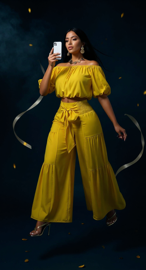 Elegant Off-Shoulder Crop Top and Ruched Wide Leg Pants Set