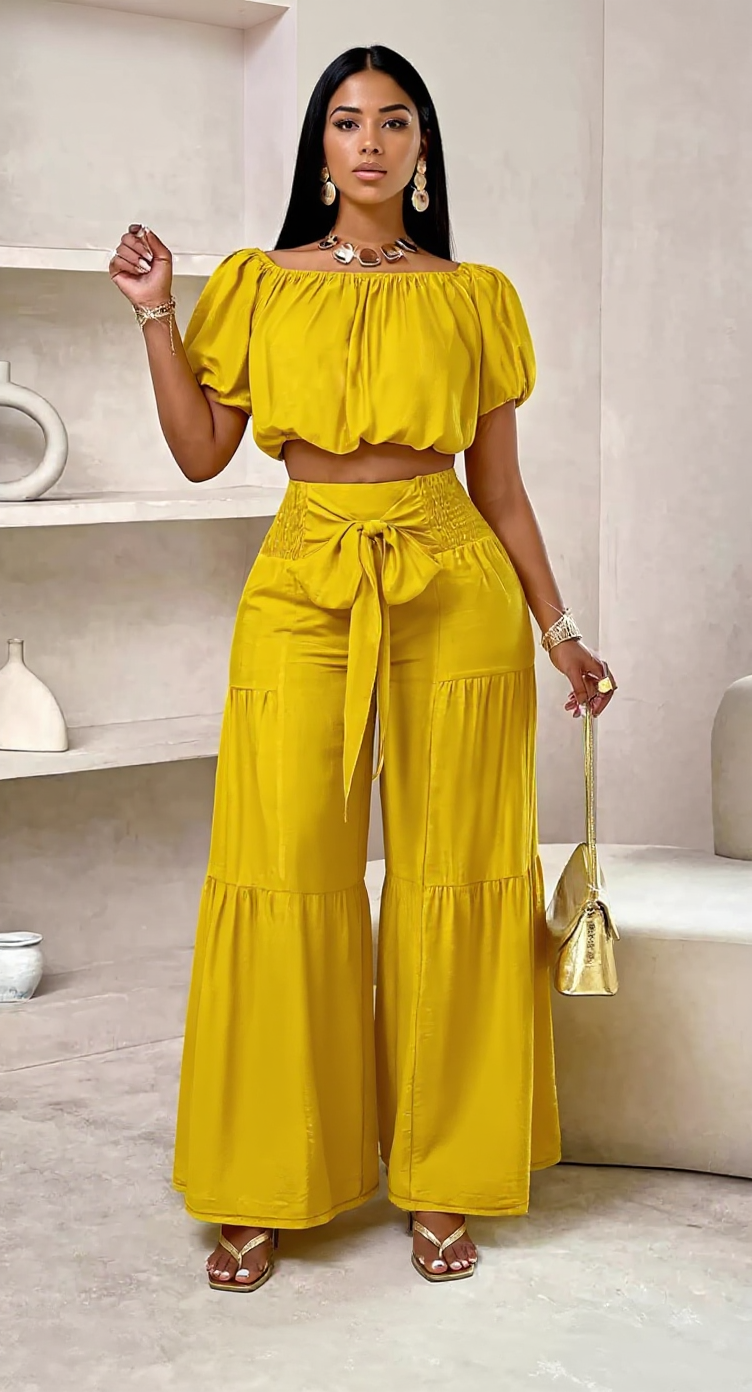 Elegant Off-Shoulder Crop Top and Ruched Wide Leg Pants Set