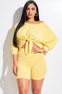 French Terry Tie Front Off Shoulder Top & Shorts Set - Yellow
