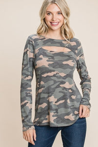 Army Camo Printed Cut Out Neckline Long Sleeves