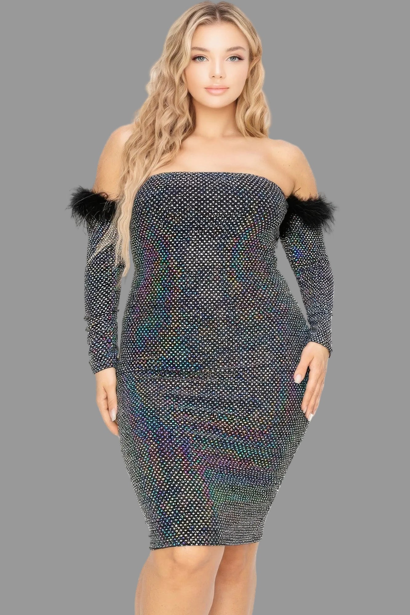 Off Shoulder Feather Trim Detail Sequin Dress