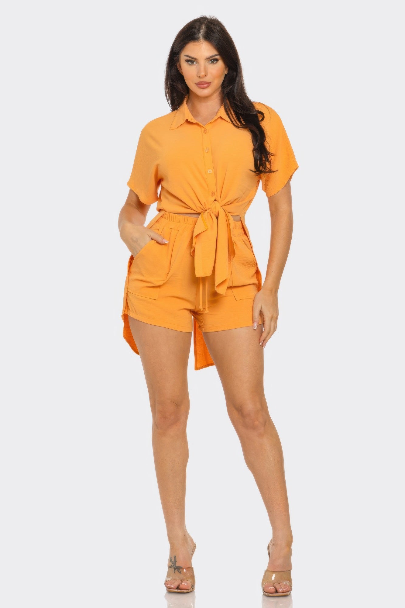 Front Tie Back Oversized Slit Top And Shorts Set