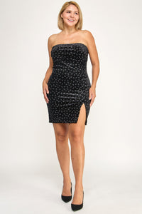 Plus Velvet Strapless Dress W/ Metal Crescent Det