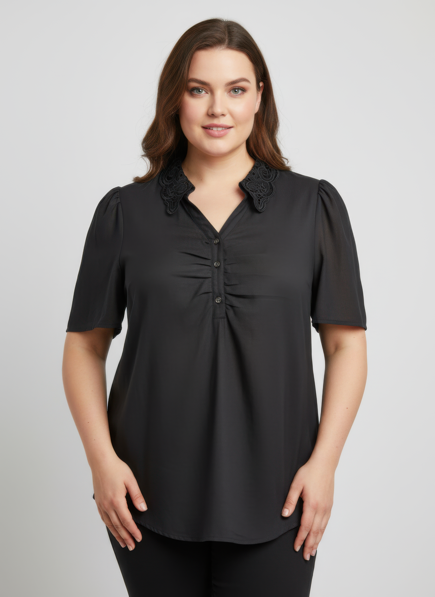 Lace Collar Button Detail Flutter Sleeve Top