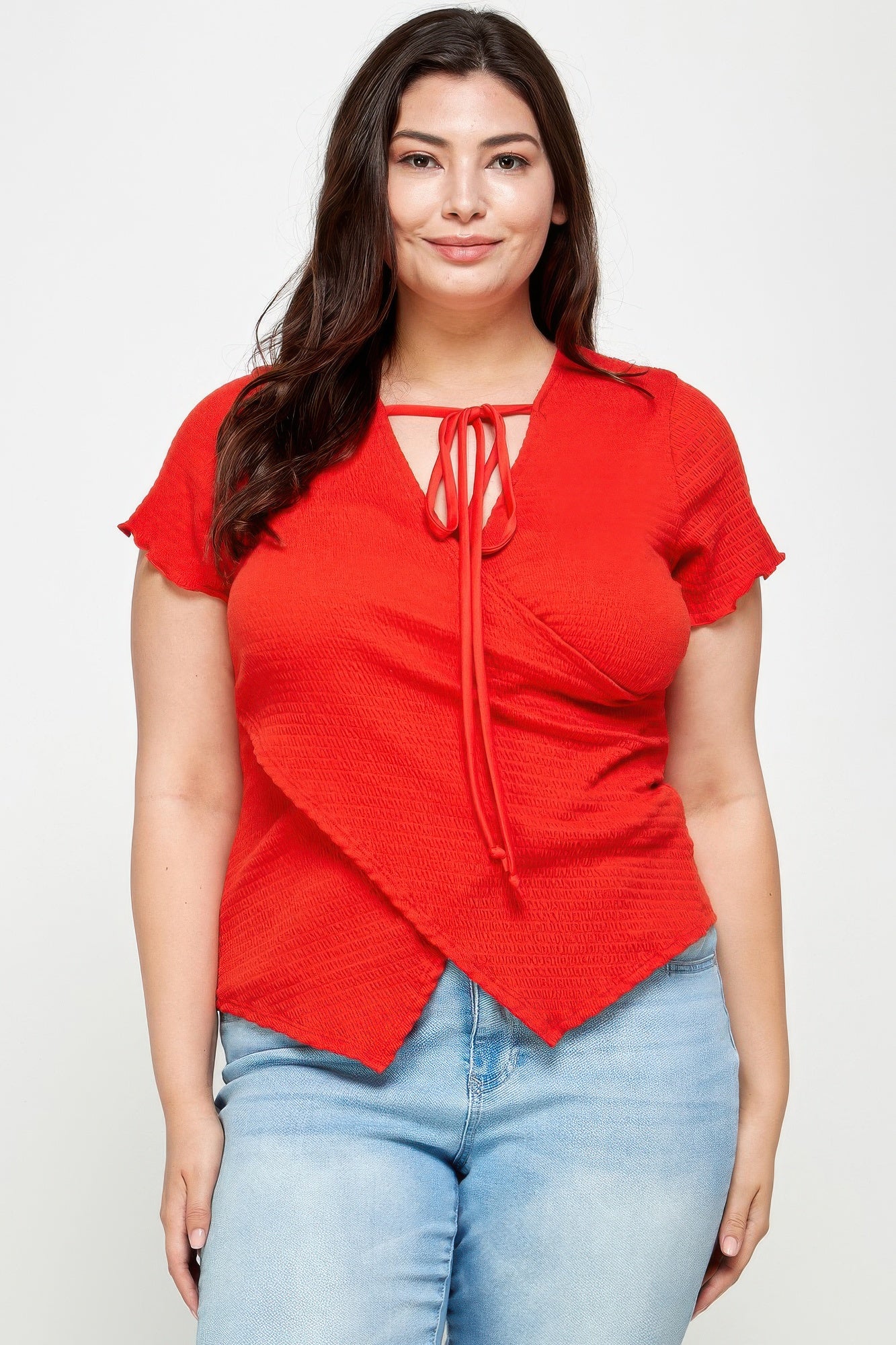 Textured Wrap Top With Tie Neck