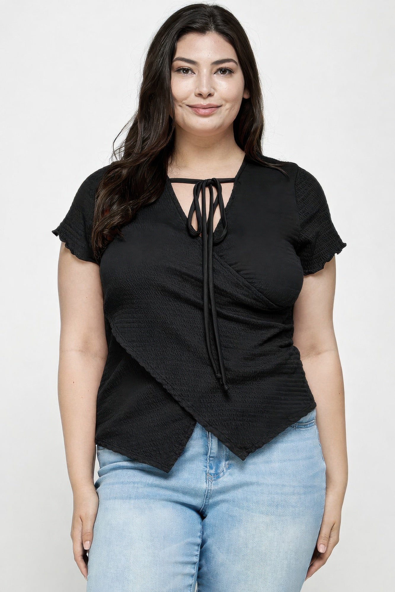 Textured Wrap Top With Tie Neck