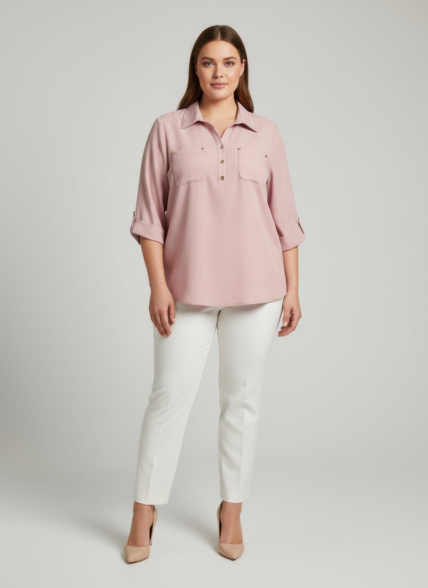 Blush Utility Button Front Roll Sleeve Blouse
