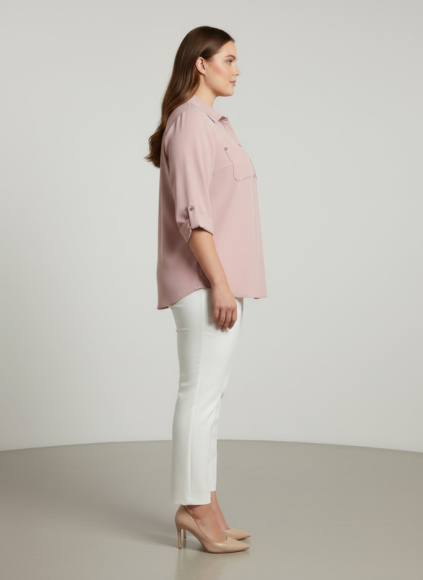 Blush Utility Button Front Roll Sleeve Blouse