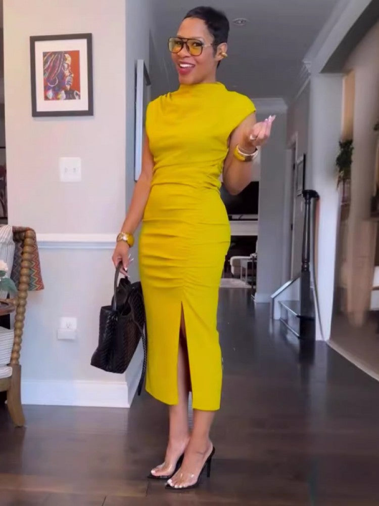 Sleeveless Split Ruched Hem Midi