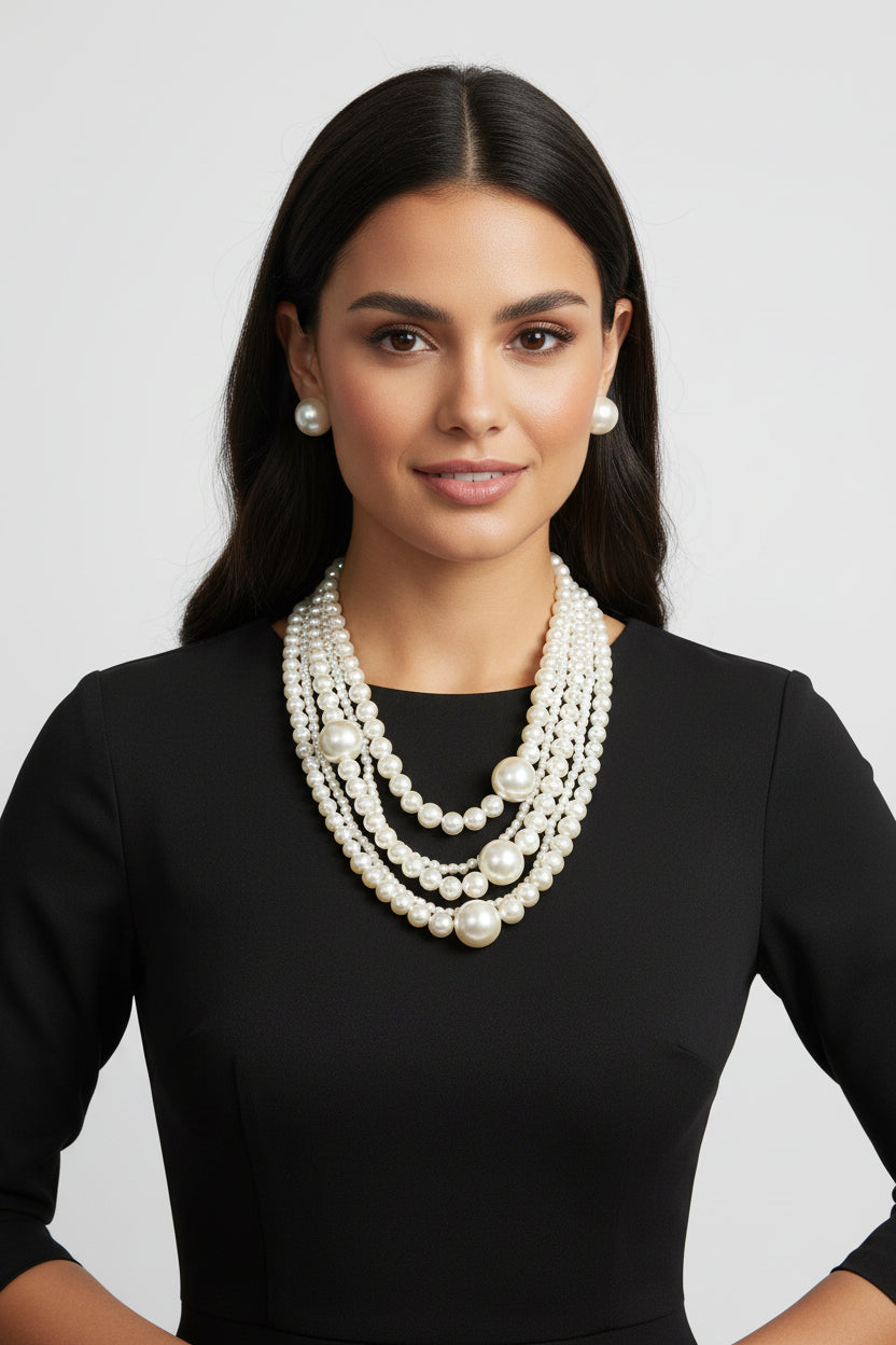 Multi Pearl Layered Necklace W/earring