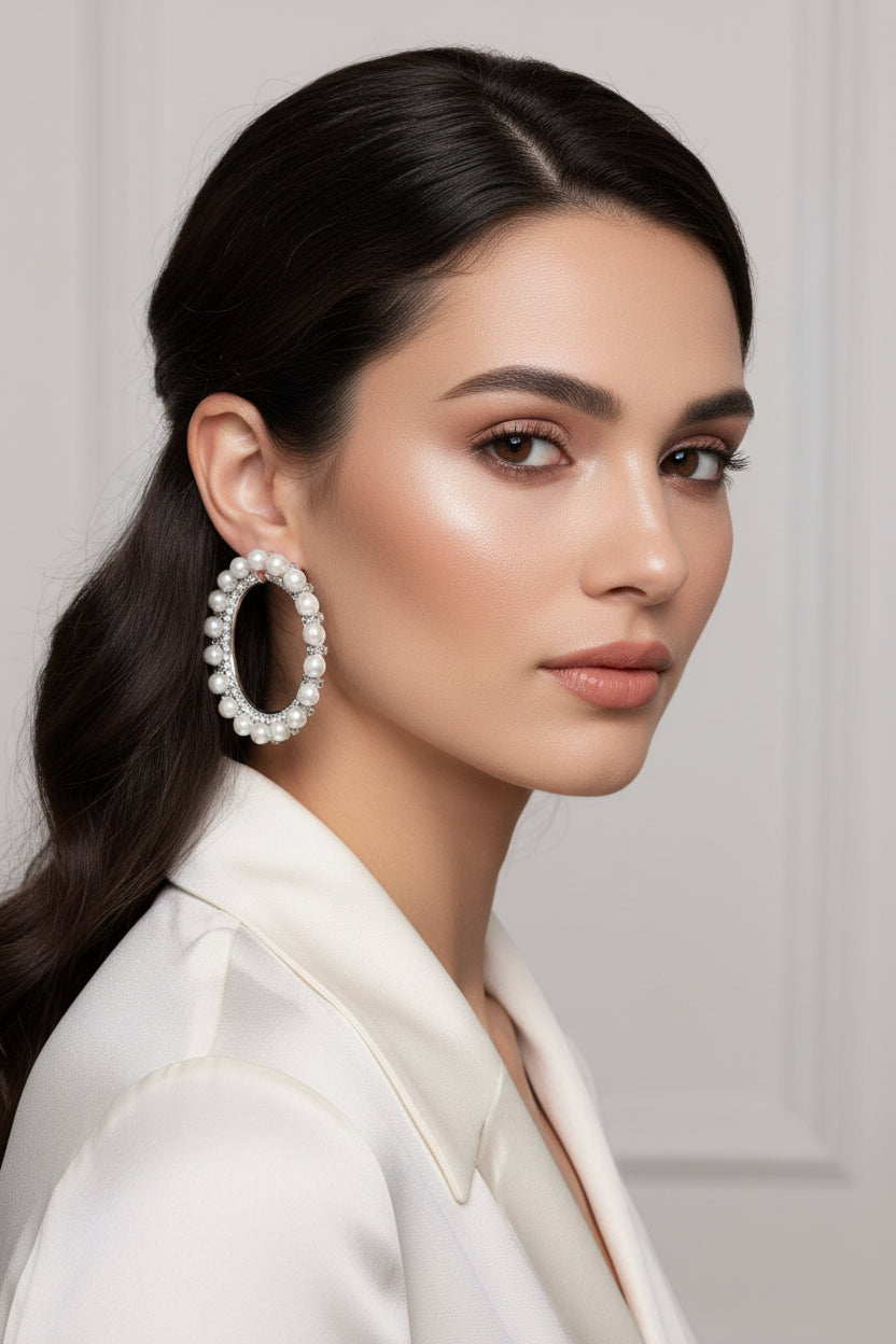 Pearl Lined Rhinestone Hoop Earrings