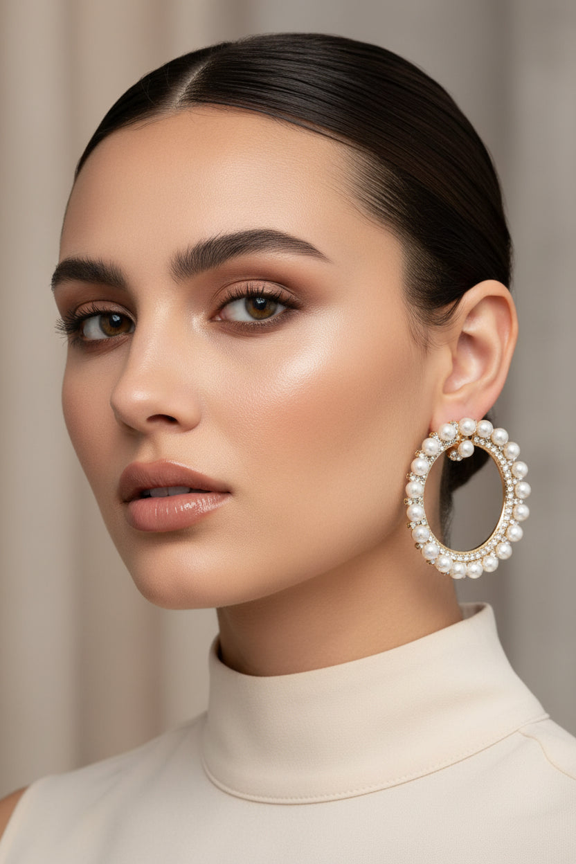 Pearl Lined Rhinestone Hoop Earrings