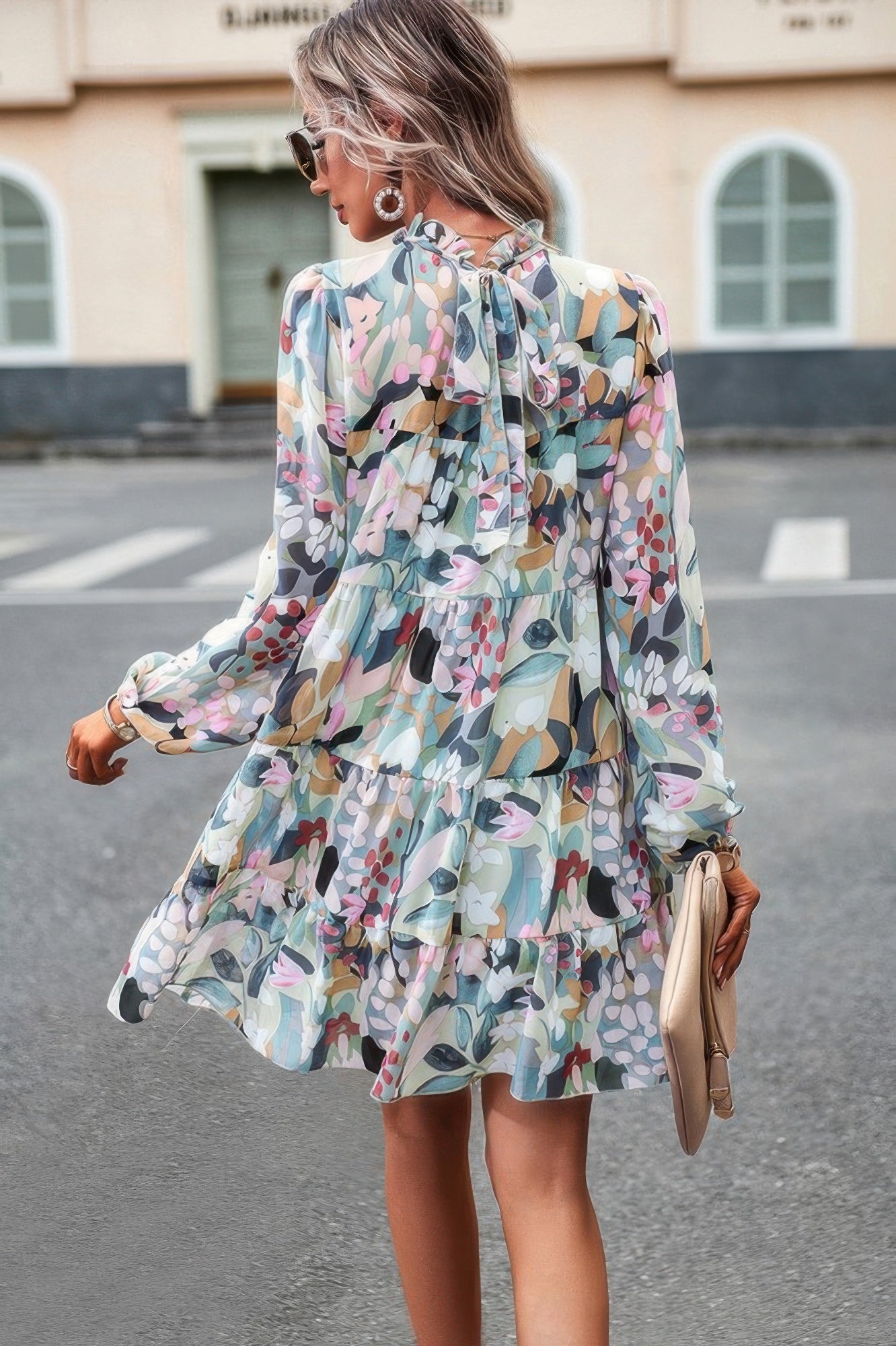 Color Block Hem Ruffle Printing Loose Fit Midi Dress