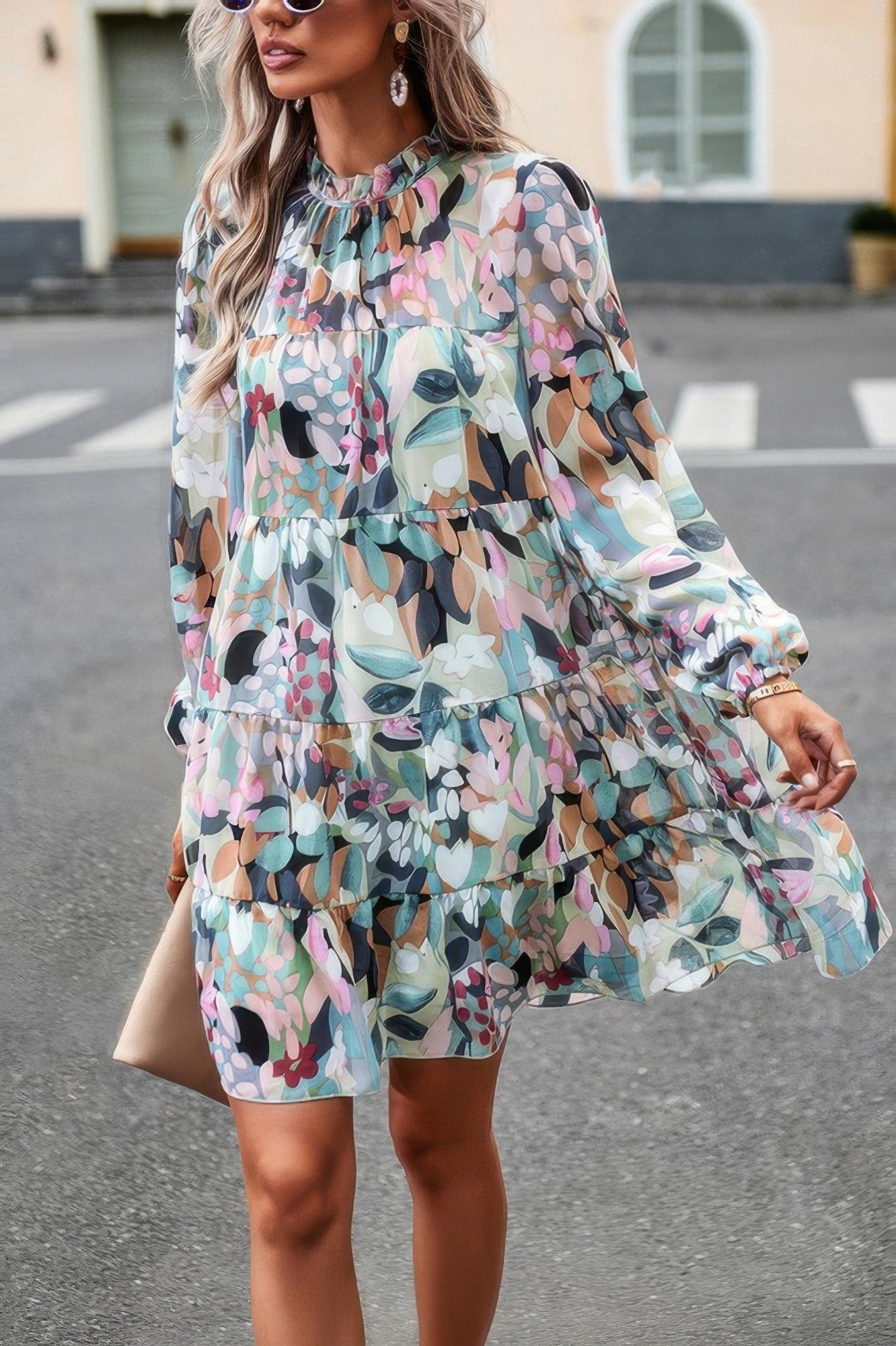 Color Block Hem Ruffle Printing Loose Fit Midi Dress