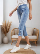 Chic Denim Shorts, Drawstring Closed And Split Button Hem,