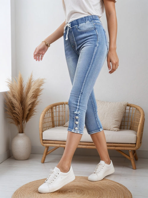 Chic Denim Shorts, Drawstring Closed And Split Button Hem,