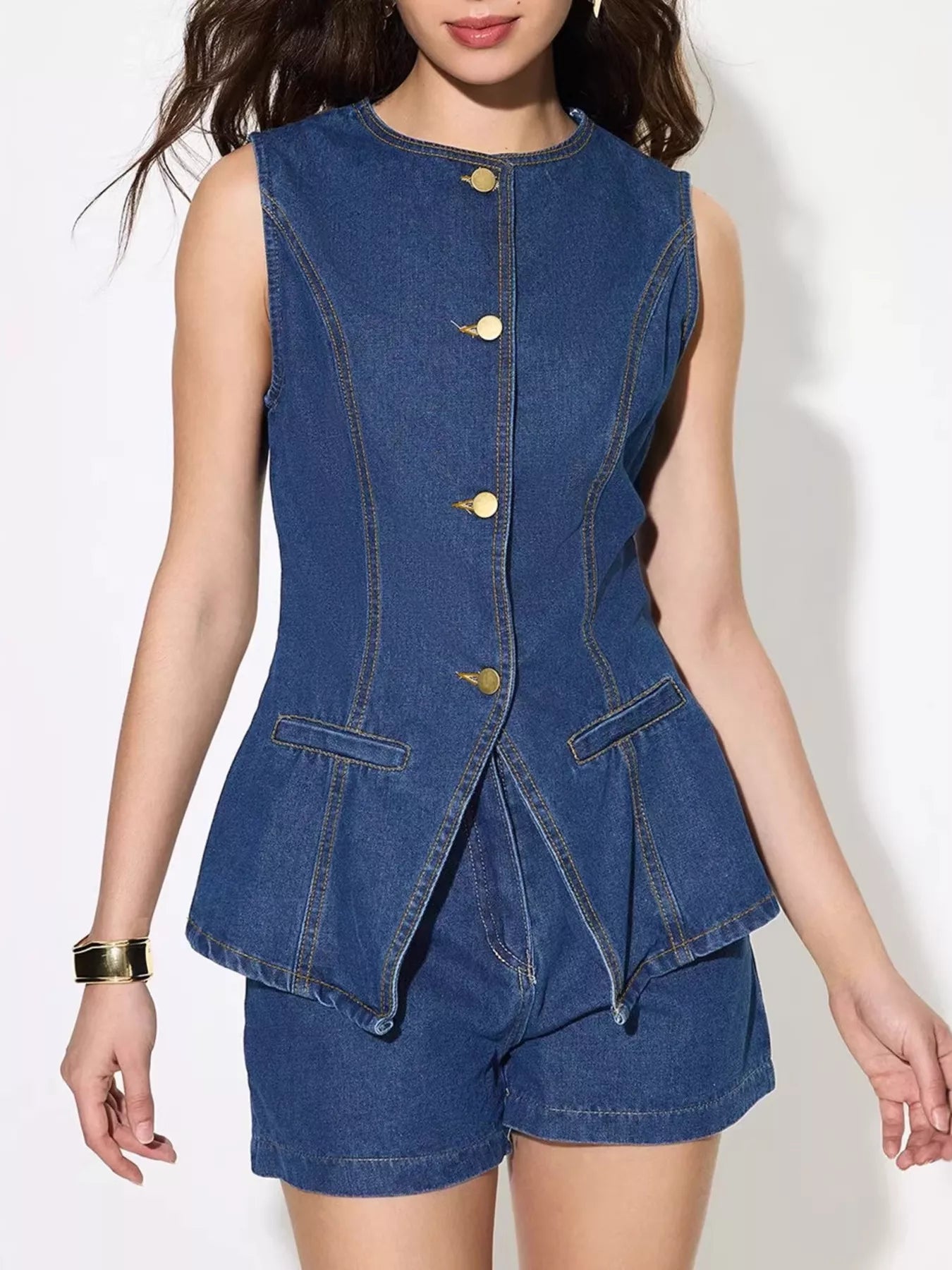 Button Up Sleeveless Denim Top and Shorts Set