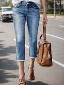 Jeans With Fringe Hem, Built-in Zipper Closure, Straight Cut, Cropped