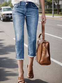 Jeans With Fringe Hem, Built-in Zipper Closure, Straight Cut, Cropped